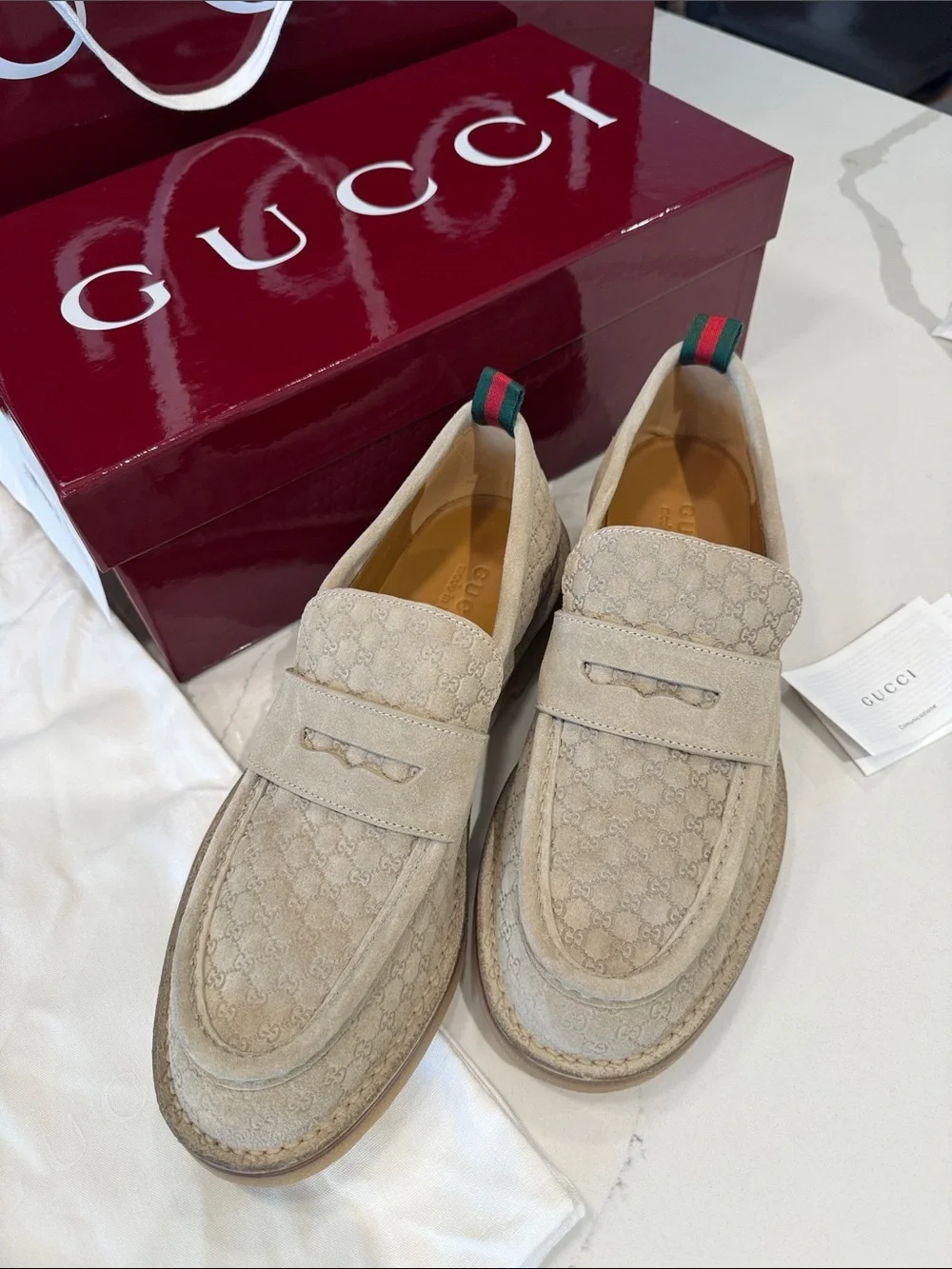 Gucci Beige Suede Micro GG Monogram Penny Loafers  Oatmeal EUR 9.5 US 10.5